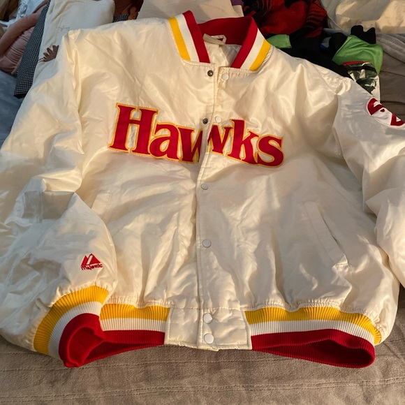 NBA Hawks Cream Satin Bomber Jacket with Red & Yellow Trim